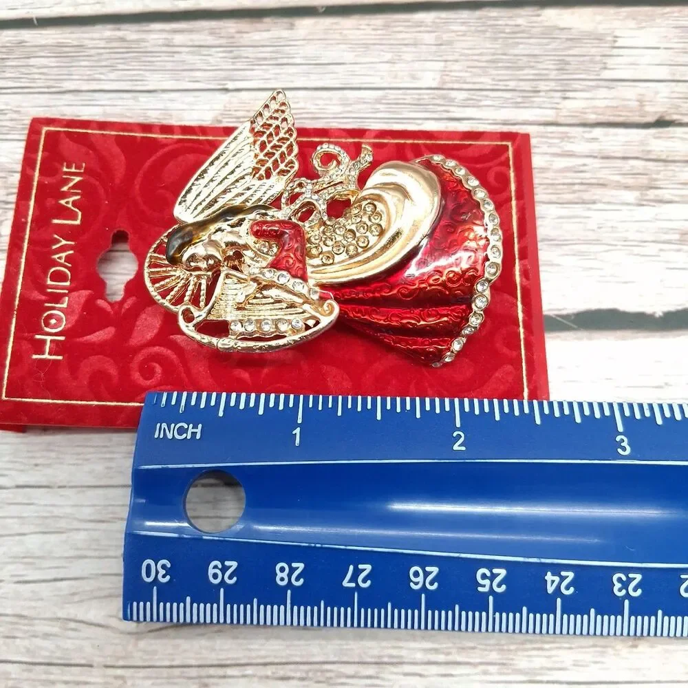 Holiday Lane Christmas Angel brooch Red Enamel Gold-Tone Lapel Pin